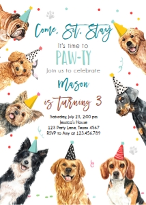 Birthday Invitation Pawty Dogs Vertical Boy V3 design preview