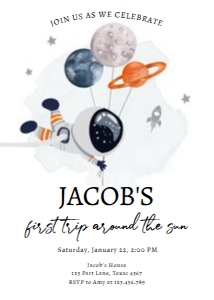 Invitation Space Planets Balloons First Trip Around the Sun Boy White Orange design preview