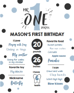 Birthday Milestone Poster Mr Onederful Blue Black White design preview