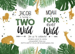 Birthday Invitation Safari Animals Jungle Two Wild Four Ever Wild Boys Combined design preview