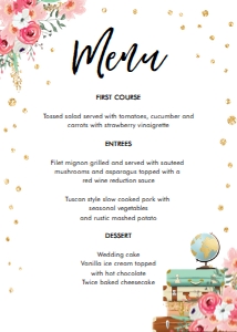 Menu Card Pink Floral Travel Suitcases Gold design preview