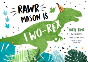 Birthday Invitation Dinosaur Two-Rex Blue Green White design preview