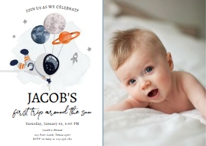 Invitation Space Planets Balloons First Trip Around the Sun Boy White Orange Photo design preview