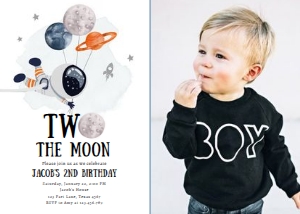 Invitation Space Planets Balloons Two the Moon Boy White Orange Photo 0366 design preview