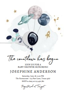 Invitation Space Planets Balloons Boy Baby Shower White Gold design preview