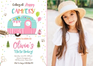 Birthday Invitation Happy Camper Pink Vertical Photo design preview