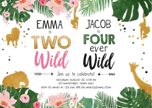 Birthday Invitation Safari Animals Jungle Two Wild Girl Four Ever Wild Boy Combined 0016 design preview