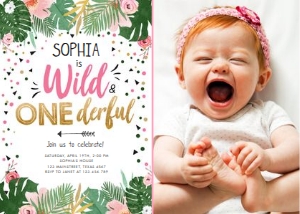Birthday Invitation Safari Wild and Onederful Girl Tropical Leaves - Photo 0332 design preview
