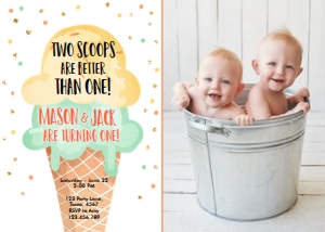Birthday Invitation Ice Cream White Yellow Orange Mint Twin Photo 0243 design preview