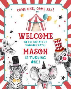 Birthday Welcome Sign Circus Animals Neutral Vertical 0355 design preview