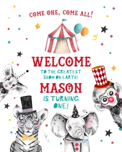 Birthday Welcome Sign Circus Animals Neutral Vertical White 0355 design preview