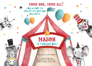 Birthday Invitation Circus Animals Boy Tent Horizontal White 0355 design preview