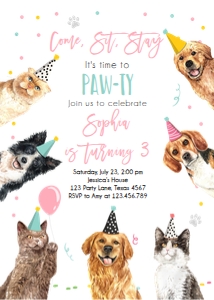 Birthday Invitation Pawty Dogs and Cats Vertical Pink 0384 design preview