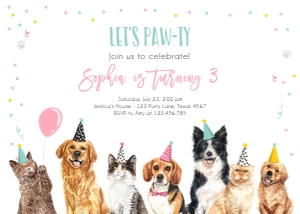 Birthday Invitation Pawty Dogs and Cats Horizontal Pink 0384 design preview