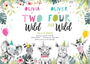 Birthday Invitation Party Animals Combined Boy Two Wild Girl Four Ever Wild 0322 design preview