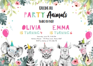 Birthday Invitation Party Animals Combined Joint Girls 0322 design preview