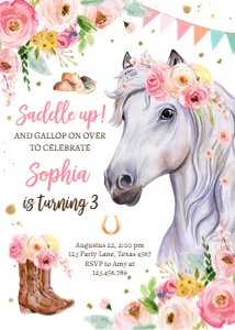 Birthday Invitation Horse Flowers White 0408 design preview
