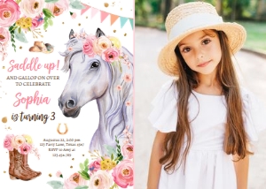 Birthday Invitation Horse Flowers White 0408 - Photo design preview