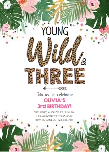 Birthday Invitation Safari Leaves Leopard Wild Three 0332 design preview