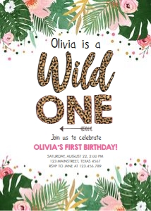 Birthday Invitation Safari Leaves Leopard Wild One 0332 design preview