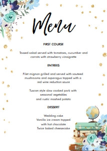 Menu Card Blue Floral Travel Suitcases Gold 0030 design preview