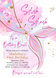 Birthday Invitation Mermaid Tail Watercolor Pink Gold 0403 design preview