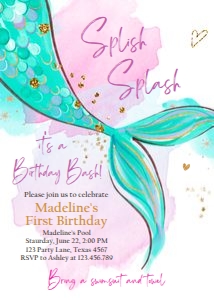 Birthday Invitation Mermaid Tail Watercolor Green 0403 design preview