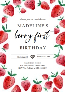 Birthday Invitation Strawberry Watercolor Red Berry First Round 0399 design preview