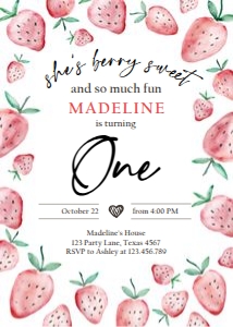 Birthday Invitation Strawberry Watercolor One Round 0399 design preview