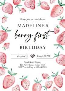 Birthday Invitation Strawberry Watercolor Berry First Round 0399 design preview