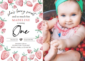 Birthday Invitation Strawberry Watercolor One Round 0399 - Photo design preview