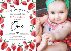 Birthday Invitation Strawberry Watercolor One Red Round 0399 - Photo design preview