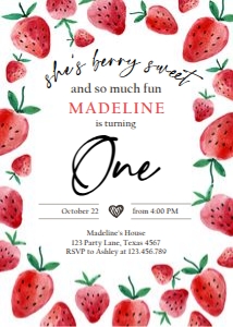 Birthday Invitation Strawberry Watercolor One Red Round 0399 design preview