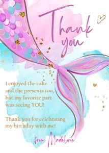 Birthday Thank You Card Mermaid Tail Watercolor Pink Gold 0403 design preview