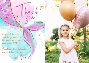 Birthday Thank You Card Mermaid Tail Watercolor Pink Gold 0403 - Photo design preview