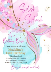 Birthday Invitation Mermaid Tail Watercolor Pink Gold 2 0403 design preview