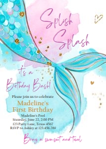 Birthday Invitation Mermaid Tail Watercolor Blue Gold 0403 design preview