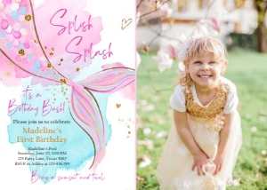 Birthday Invitation Mermaid Tail Watercolor Pink Gold 2 Photo 0403 design preview