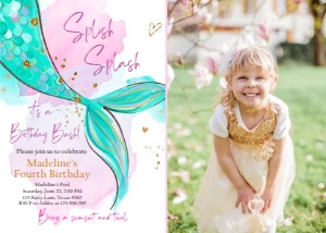 Birthday Invitation Mermaid Tail Watercolor Green Photo 0403 design preview