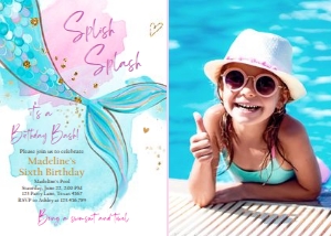 Birthday Invitation Mermaid Tail Watercolor Blue Gold Photo 0403 design preview