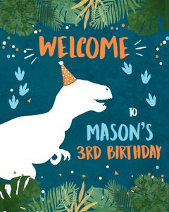 Birthday Welcome Sign Navy White T-Rex Dinosaur 0378 design preview