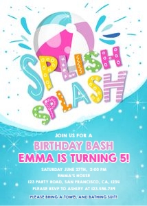 Birthday Invitation Splish Splash Pool Party Girl v3 White 0169 design preview