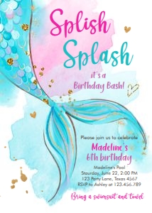 Birthday Invitation Mermaid Tail Watercolor Blue Gold V2 0403 design preview