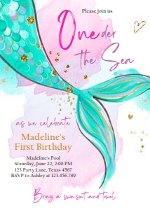 Birthday Invitation Mermaid Tail Watercolor Green Oneder The Sea 0403 design preview