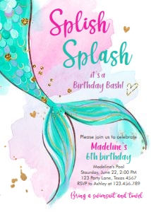 Birthday Invitation Mermaid Tail Watercolor Green Gold V2 0403 design preview