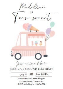Birthday Invitation Ice Cream Truck Simple Coral Two Sweet 0415 design preview