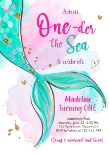 Birthday Invitation Mermaid Tail Watercolor Green Gold Oneder the Sea V2 0403 design preview