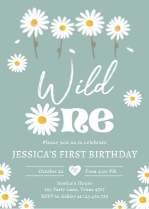Invitation Birthday Daisy Wild One v2 Dusty Blue 0410 design preview