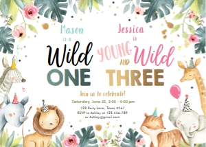 Birthday Invitation Safari Animals Party Hats Dual Birthday Boy Wild One Girl Wild Three 0163 design preview