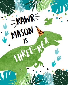 Birthday Sign Dinosaur T-Rex Three-Rex Vertical Blue Green 8x10 0389 design preview